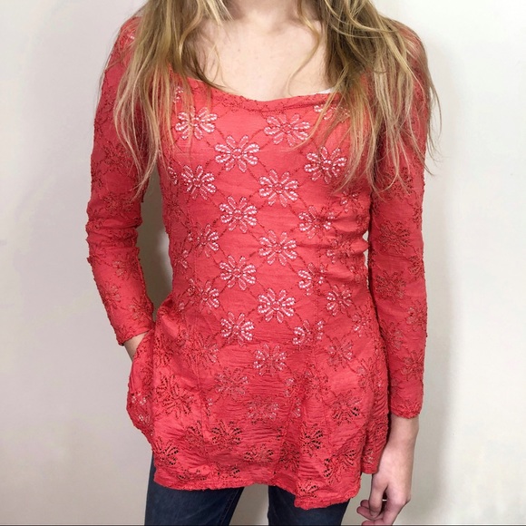 Free People Tops - Free People Coral Floral Crochet Swing Top